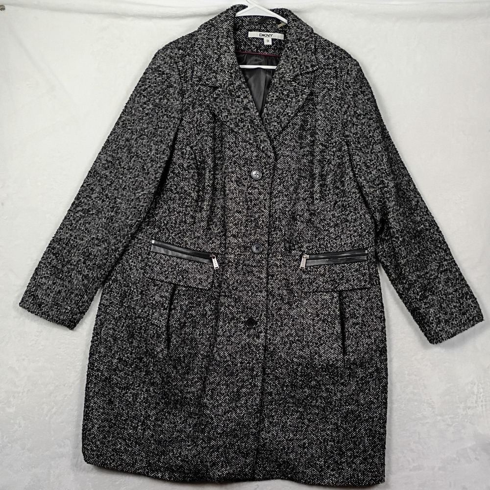 DKNY Tweed Coat Womens 1X Black White Faux Leather Trim Professional Winter Fall